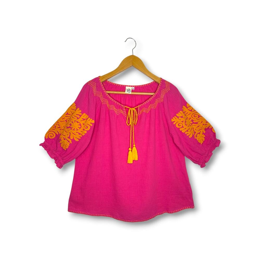 Ivy Jane Women's Embroidered Tassel Top S Pink Orange Puff Sleeve Peasant Blouse
